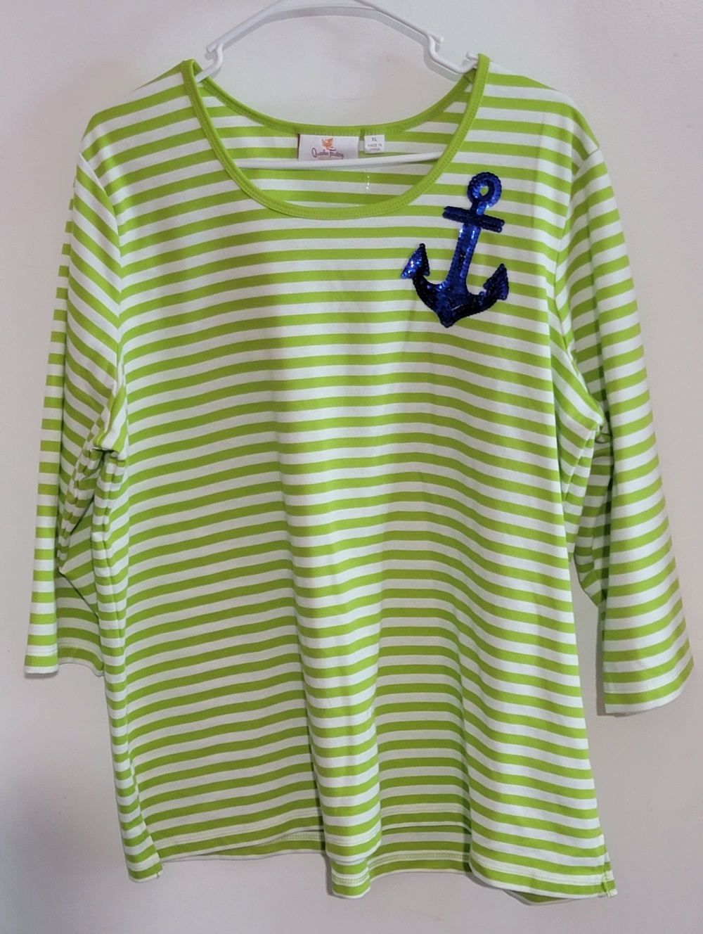 Quacker Factory Lime Green & White Striped Top with Blue Sequin Anchor NWOT